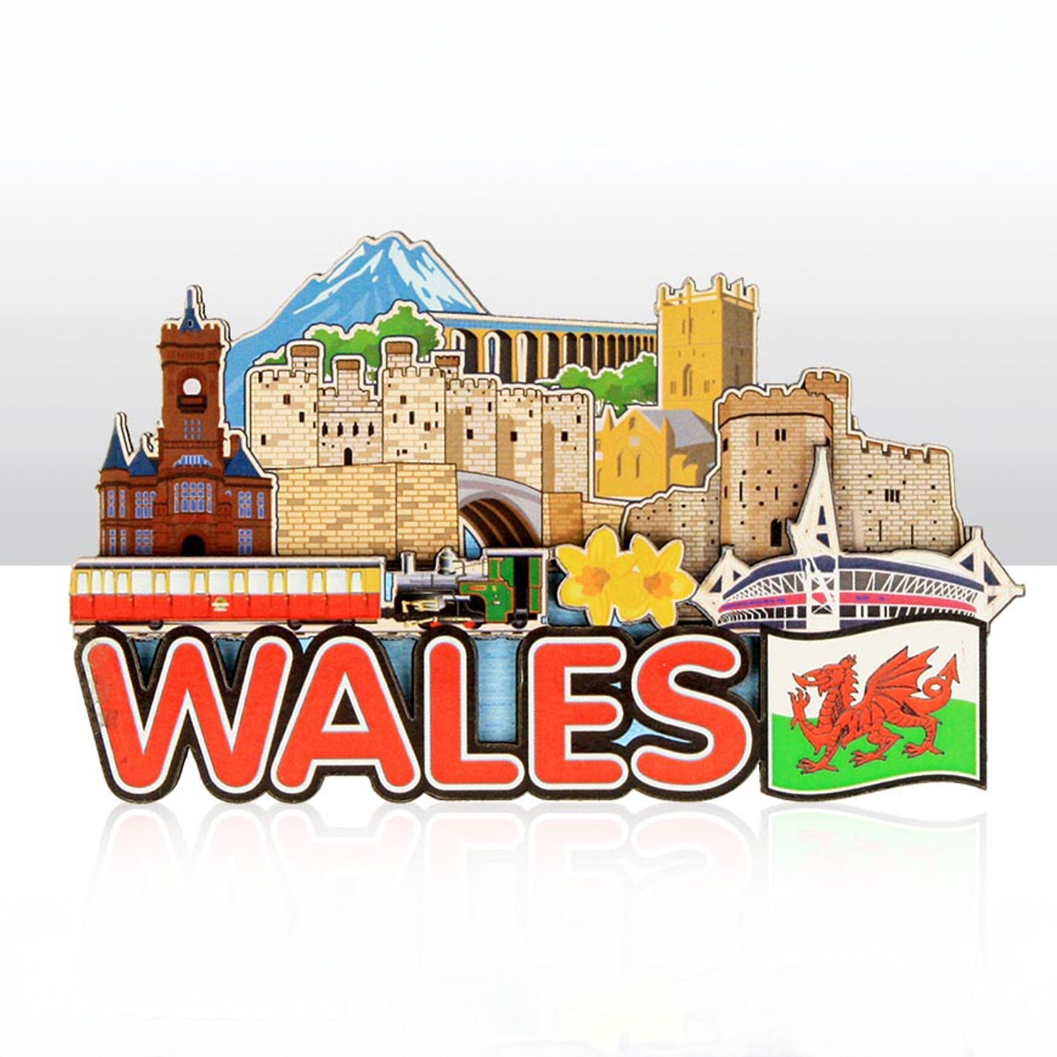 Wales and Flag Skyline Layered Wood Magnet