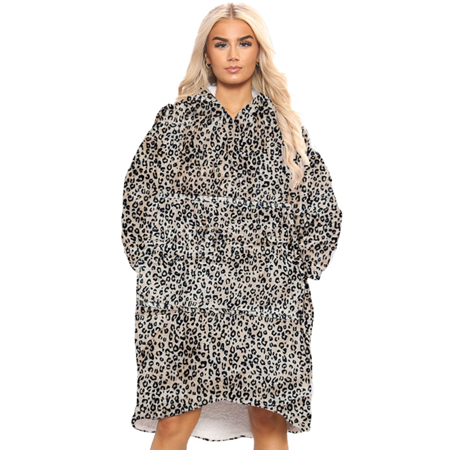 Oversized Sherpa Fleece Hoodies - Leopard Print