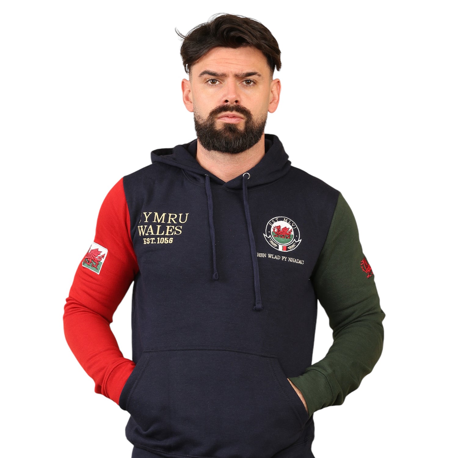 New Gold Cymru Wales Two-Coloured Sleeve Navy Hoodie